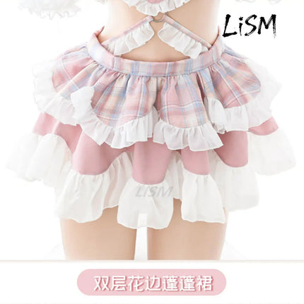 LISM Cute Pink Lolita Maid Costume Sweet Anime Bear Embroidery Lingerie Set for Cosplay Role Play