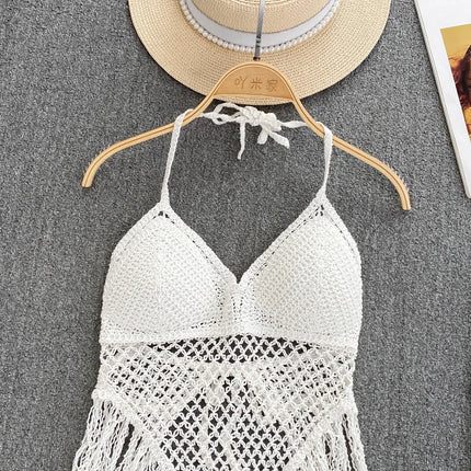 Knitted Tassels Hollow Out Tank Camis for Women Bohemian Style Halter Sleeveless Sexy Femme Corset Crop Tops Beach Tank Camisoles