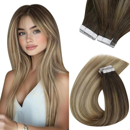 VeSunny Tape in Hair Extensions Human Hair Balayage Color Real Natural Hair Skin Weft Straight Seamless Remy Hair Extensions