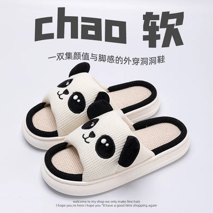 Home Slippers Panda Cat Women Summer Cute Linen Couples Indoor House Non-Slip Thick Funny Sandals Cartoon Kawaii Shoes 2025 New