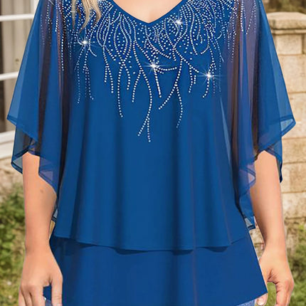 Women’s Plus Size Elegant Blouse Lace Patchwork 3/4 Sleeve Chiffon V-Neck Sequins Printed T-Shirt Double Layer Loose Female Tees