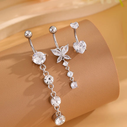 3-5pcs Mixed-Style Sets Heart Flower Dangle Belly Button Rings Stainless Steel Butterfly Curved Zircon Belly Piercing Navel Ring