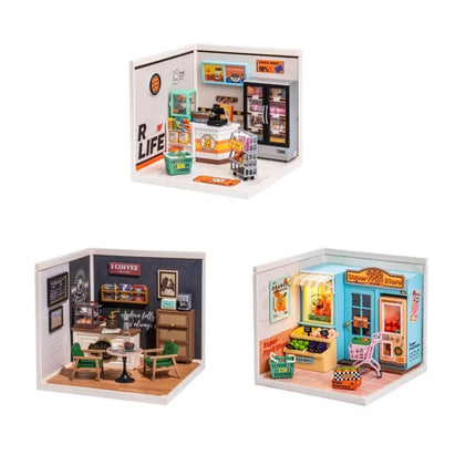 Robotime Mini Dollhouse DIY Miniature House Kit 1:20 Fruit Store Cafe Store Supply Store Kit with LED for Teens Adults