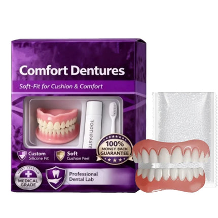 Moldable Silicone False Teeth for Men & Women, Upper Lower Set Fix Smile Fast, Free Denture Toothpaste & Toothbrush Included