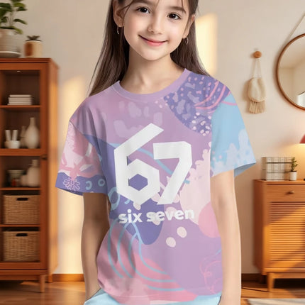 67 Meme T-Shirt for Boys Girls Fashion Splashed Ink 3D Print Girl Short Sleeve Tees Round Neck Tops Loose Children's Clothing