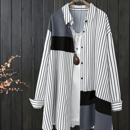 Plus Size Women's Splicing Striped Long Sleeve Shirt
