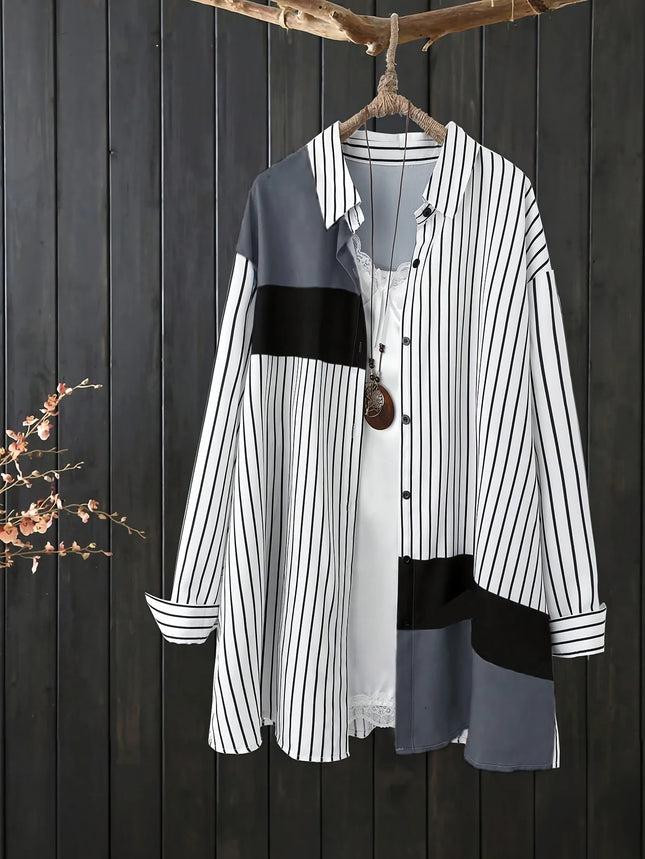 Plus Size Women's Splicing Striped Long Sleeve Shirt