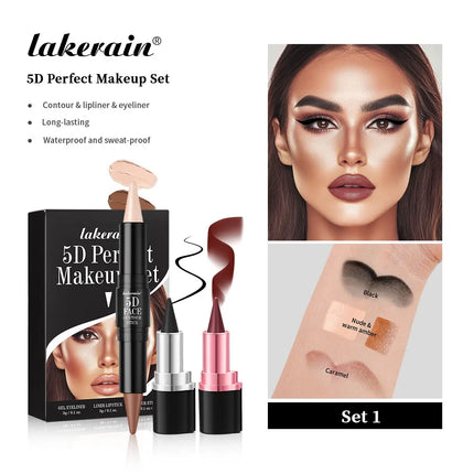 5D Perfect Makeup Set With Contouring Stick Eyeliner And Lipstick Easy Coloring Sweat-proof Long Lasting Daily Makeup Set