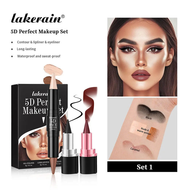 5D Perfect Makeup Set With Contouring Stick Eyeliner And Lipstick Easy Coloring Sweat-proof Long Lasting Daily Makeup Set