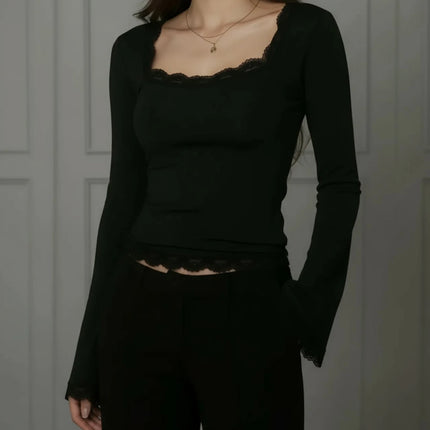 Women's Sexy Lace Patchwork Square Collar Long Sleeve T-Shirt Elegant Slim Fit Flare Sleeve Cropped Top Spring/Fall 2026