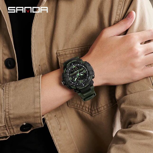 SANDA 6130 Dual Display Men Watches Waterproof Sport Watch Military Man Alarm Stopwatch Quartz Wristwatch Men LED Digital Clock