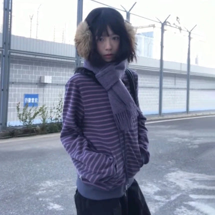 Japan Retro Harajuku Spring Autumn Y2K Purple Striped Cardigan Casual Street Women Coat Harajuku Punk Zipper Loose Sweatshirt