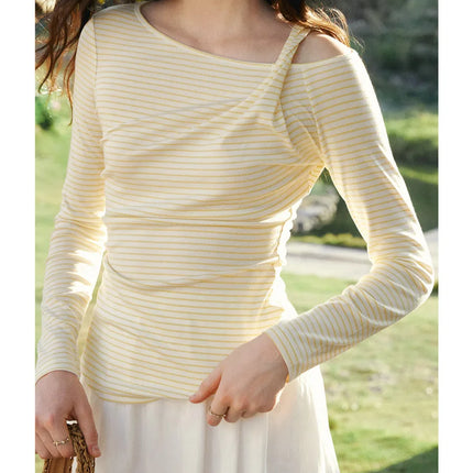 OLrain Women's Striped Tops 2026 Spring French Style Hollow Out Ladies T-shirts Casual Slim Fit Folds Female Tees O58CT003055