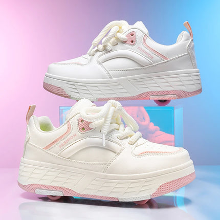 Children's Roller Skates Four-Wheel Wear-Resistant Fashion Leather Breathable Sports Entertainment Wheel Shoes for Kids