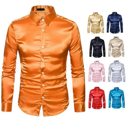 Amazon Spring Autumn Men's Long Sleeve Shirt Casual Fashionable Shiny Interior Top Men's European Style Foreign Trade Shirt
