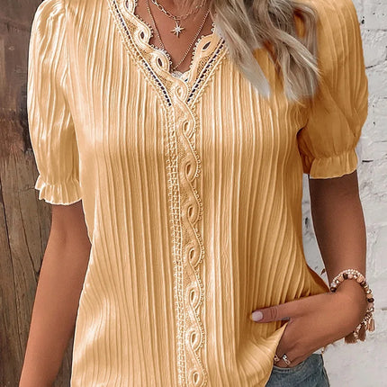 Women's Summer New Top Solid Sexy V-Neck Hollow Short Sleeve Shirt Fashion Splice Plus Size Blouse Loose Street Apparel