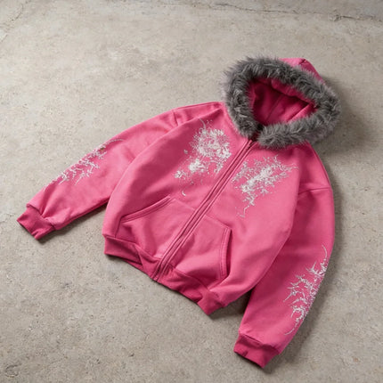 Women Pink Faux Fur Trim Glitter Thorn Print Zip Up Hoodie 2026 Y2K Sweet Cool Oversized Hooded Sweatshirt