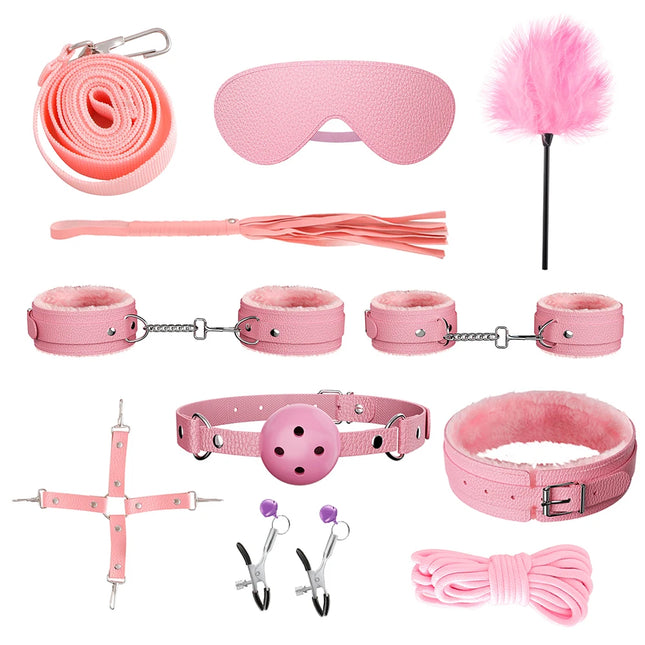 Couples BDSM Bondage Kit with Handcuffs Neck Collar Wrist Restraints Mouth Gag And Strap Fetish SM Sex Toys for Women Adult Game
