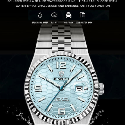 BINBOND Top Brand Quartz Watch For Men Luxury Stainless Steel Waterproof Luminous Watch Fashion Date Display Business Men Watch