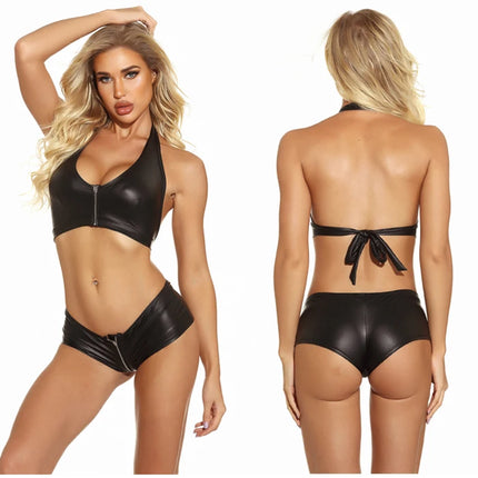 Leather Sexy Women's Crop Top, Black Wet Look Corset, Ladies Fashion Festival Clothing, Sleeveless Slim Zipper Clubwear