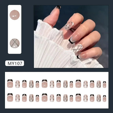 Dark Brown Flowers 24 Pcs Press-on Nails Pink Nail Polish Glossy Artificial Finger Manicure Reusable False Nails