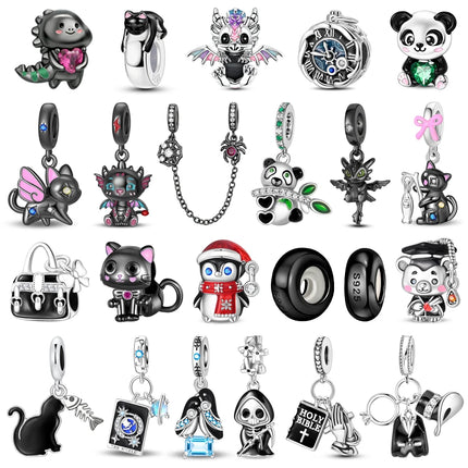 Hot Sale 925 Sterling Silver Cute Panda Beads & Penguin Dangle Charm Fit Snake Bracelet Boutique Necklace Black Pendant Gift