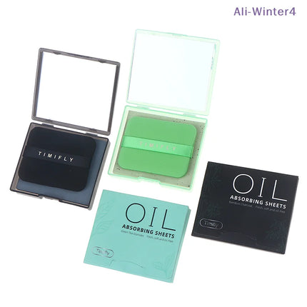 {Winter4} 100 Sheets/Box Oil-Absorbing Paper With Mirror & Puff Portable Oil-Holding Bamboo Charcoal Paper For Makeup