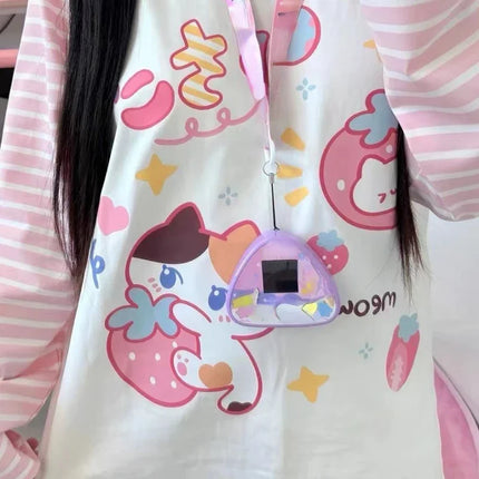 Japanese Patchwork Pink Stripe Casual T-shirt Y2k Cartoon Print Tees Women Harajuku Tops Grunge Kawaii Cute Aesthetic Tshirts