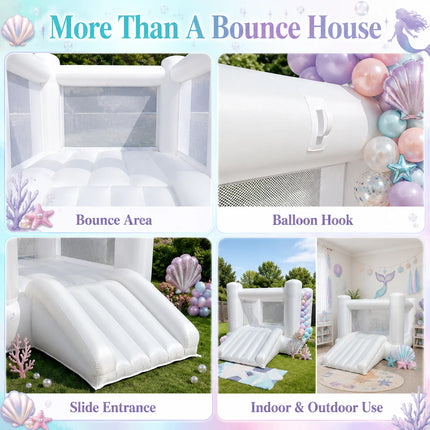 Large Family Size 12FT Inflatable White Bounce House Oxford Bouncy Castle with round Top And Wide Slide for Indoor Outdoor Parties Kids Adults Weddings Birthday Events