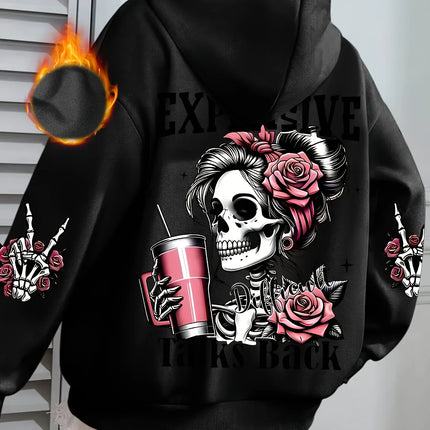 Women's autumn and winter warm and loose casual NOPE not today printed suede long sleeved hooded sweatshirt