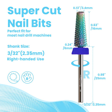 MagiBling Super Cut 5 In 1 Tapered Barrel Carbide Nail Drill Bits Right handed Cuticle Hard Gel Removal Professional bits 3/32"