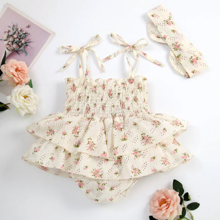 Infant Baby Girl Summer Jumpsuit Set Floral Elasticated Bust Sleeveless Strap Ruffled Romper with Bow Headband Outfit