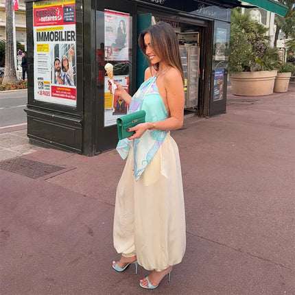 Summer Printed Women Crop Top Metal Strap Backless Lace Up Tank Chic Party Beach Strapless Vestidos 2025 Lady Vacation Clothing