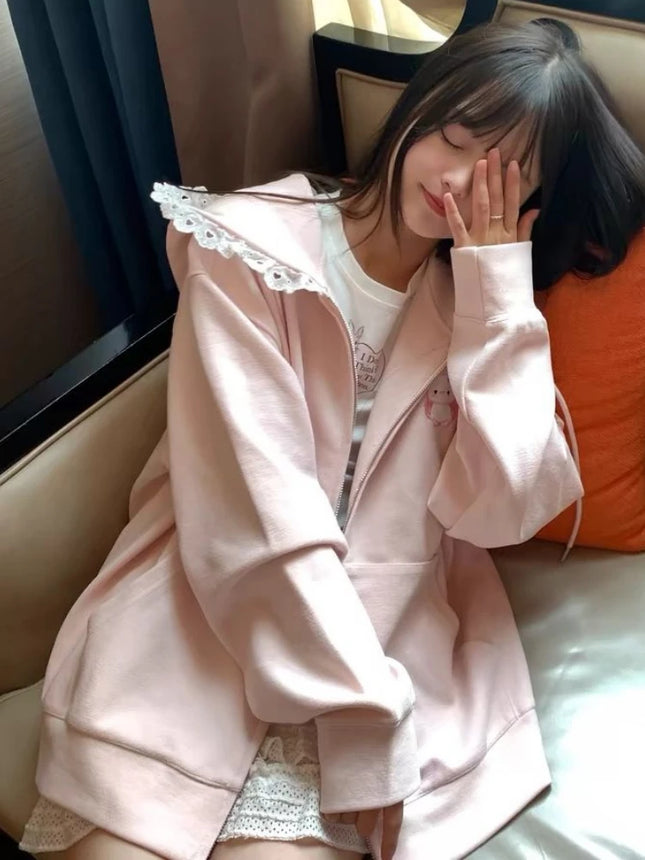 Japanese Autumn Casual Hoodies Oversized Lace Patchwork Harajuku Women's Tops Y2k Aesthetic Cartoon Embroidery Cute Sweatshirts