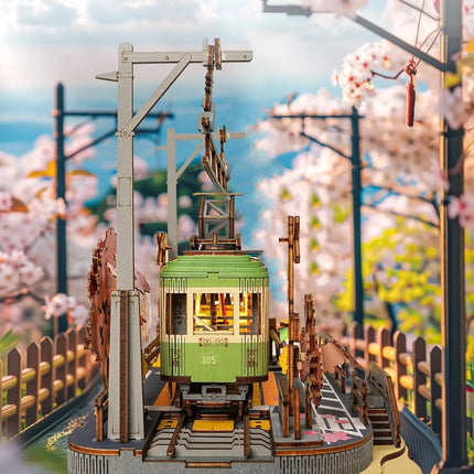 Robotime 3D Puzzles Sakura Journey DIY Model Building Toy with LED Light Wooden Craft Kits Tram Hobby for Kids Brain Teaser Gift