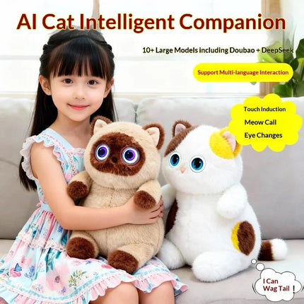AI  Cat Plush Toy Touch  Glowing Eyes Wagging Tail Multilingual Intellectual Kids Companion Gift For Children