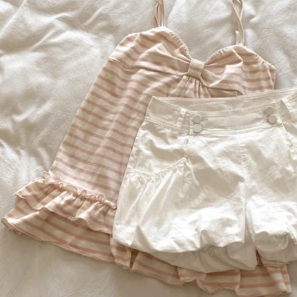 Japanese Sweet Vest Women Clothing Vintage Striped Sleeveless Tees Fashion Summer Camis Ruffles Slim Fit Vintage Tank Ropa Mujer