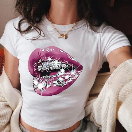 Sexy Lip Design Women T-shirt Streetwear Crop Tops Tees Harajuku Y2k Fashion Casual Tops Pink Lip Girls Matching T-shirts