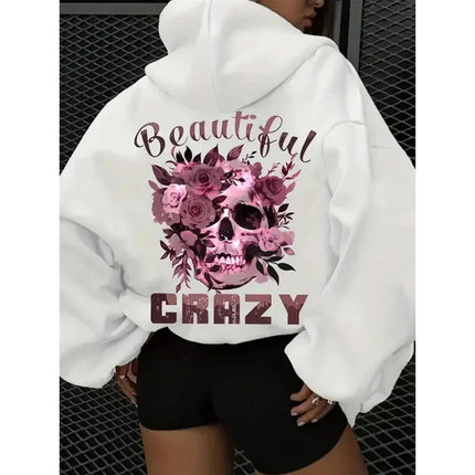 Women's autumn and winter casual hoodie with skull and floral print hooded drawstring round neck long sleeved warm pullover