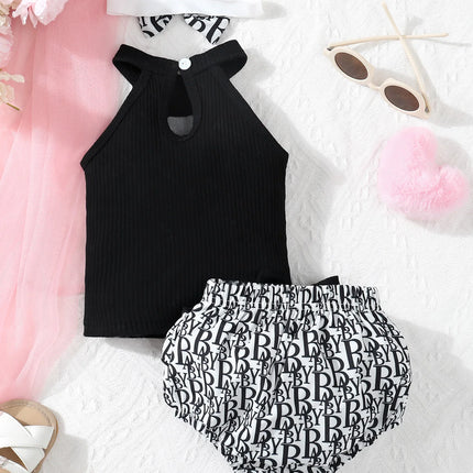Newborn Summer Cute Casual Lmitation Brand Printed Neck Strap Sleeveless Top And Double Lace Bow Triangle Pants Set