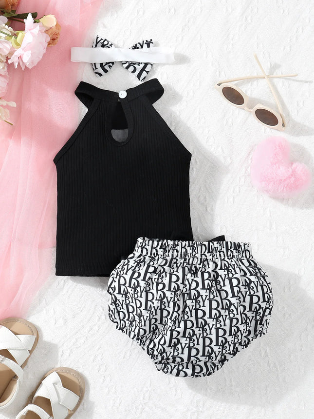 Newborn Summer Cute Casual Imitation Brand Printed Neck Strap Sleeveless Top and Double Lace Bow Triangle Pants Set