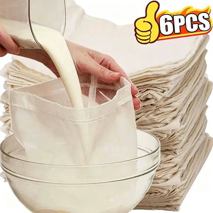 6/1x Reusable Cotton Filter Cloth Drawstring Nut Bag Strainer Tofu Cheese Milk Coffee Filter Home Kitchen Dining Bar Gadgets