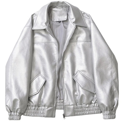 Ailegogo Streetwear Women Retro Loose Short Pu Faux Leather Jacket Spring Autumn Female Zipper Coat Vintage Moto Biker Outwear