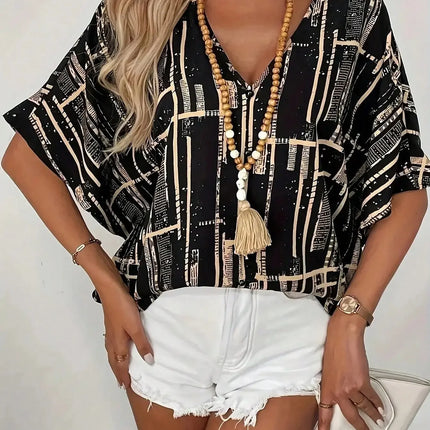 Plus Size 1XL-5XL Women's Fashion Print V-Neck Batwing Sleeve Blouse Top Ladies Casual Short Sleeve Summer Shirt Tops