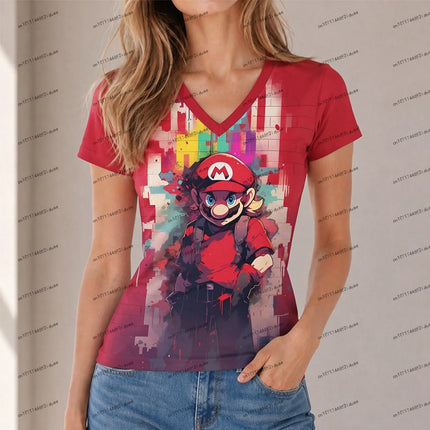 New Y2k T-shirt Super Mario Women T-shirt Hot Sale V Neck Harajuku Style XS-5XL Fashion Cuteore Party Short Sleeve Women's Anime