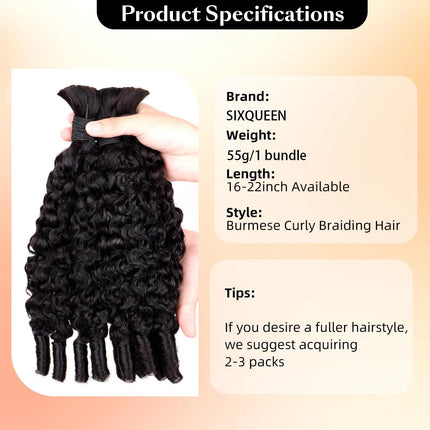 Human Braiding Hair Bulk for Boho Braids Burmese Curly Boho Hair for Braiding Knotless Burmese Curly Bulk Hair Extension No Weft