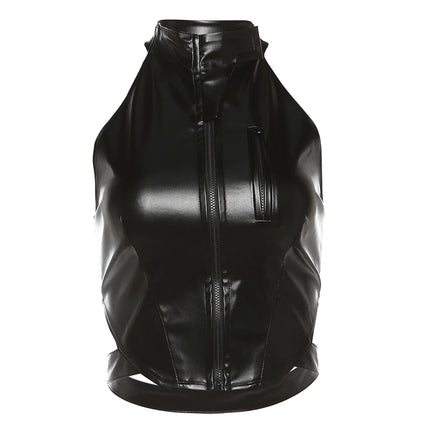Weird Puss PU Backless Women Tank Tops Halter Neck Sleeveless Zipper Decoration Sexy Punk Nightclub Streetwear Summer Wild Vest