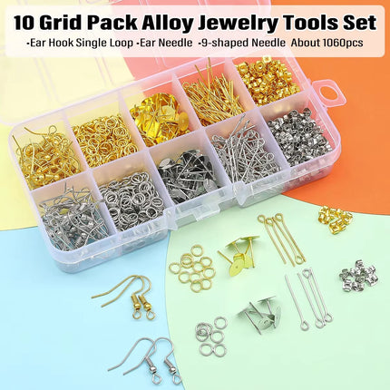 1060pcs DIY Jewelry Making Kit Earring Hooks Open Jump Rings Headpins Eye Pins Earring Backs Set with Organizer Box Accessories