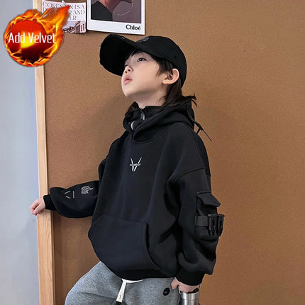 Stylish Boys' Fleece-lined Pullover Hoodie Mechanical Buckle Hooded Top Trendy Hip-hop Dance Performance Outfit for Medium Kids