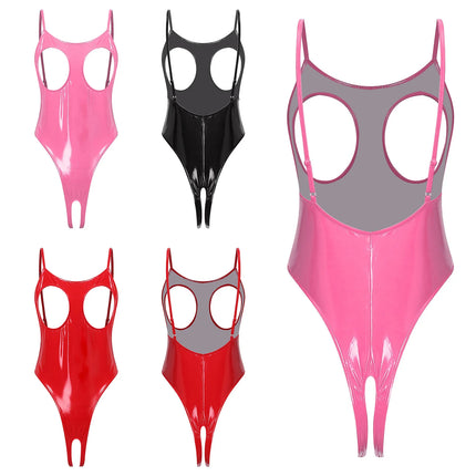 Women's Glossy Cutout Bodysuit Nightwear Hollow-out Cup Crotchless Spaghetti Straps Leotard for Rave Party Roleplay Lingerie